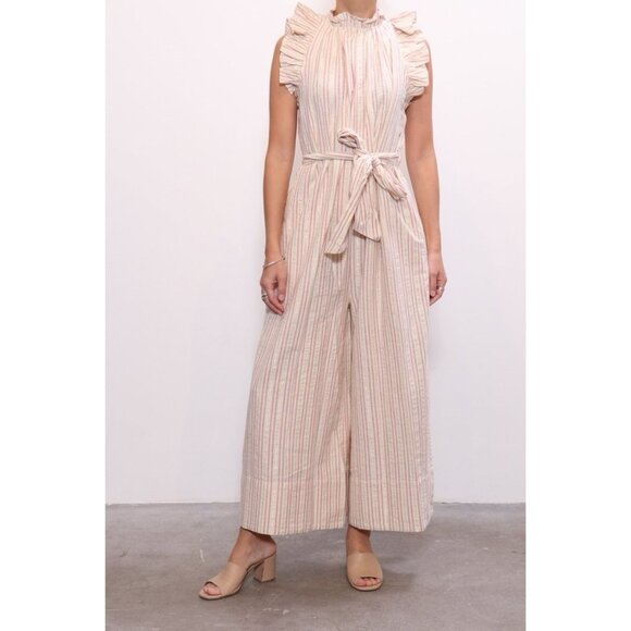 Ulla Johnson Simka Jumpsuit Striped Beige Metallic Ruffle Sleeveless Size 8 - Picture 1 of 16
